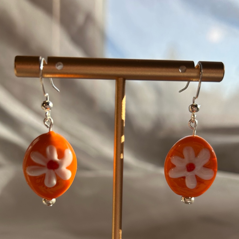 Vibrant Orange Floral‎ Drop Earrings